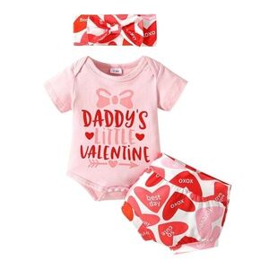 Girls Valentines Day Outfit Letter Romper+Love Heart Shorts Set+Headband 12-18 M